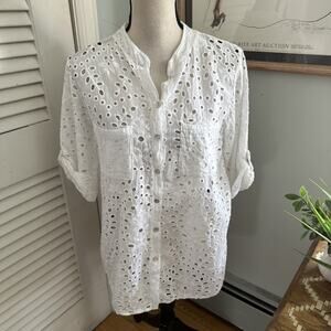 Carla Giannini Tunic Womens 10 White Cotton Eyelet Sequin Panel Boho Resort